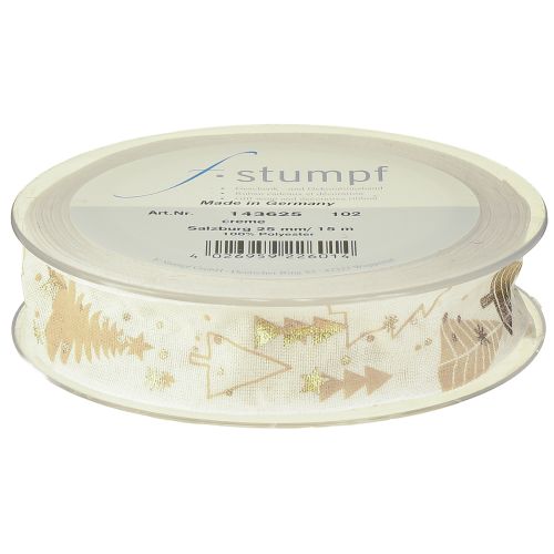 Artikel Weihnachtsband Creme Gold Tannenbäume 25mm 15m