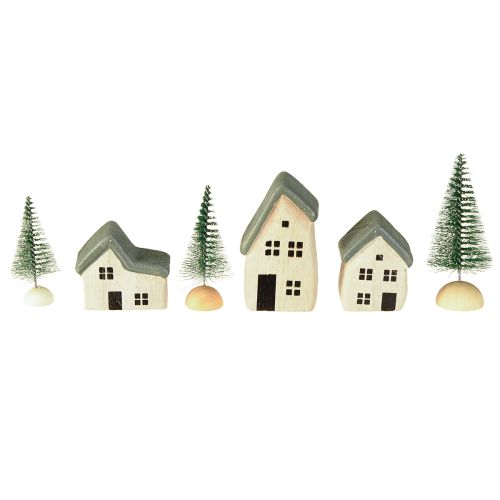 Weihnachtsdorf Holz Häuser Tannen Grünweiß 5-8cm 6er-Set