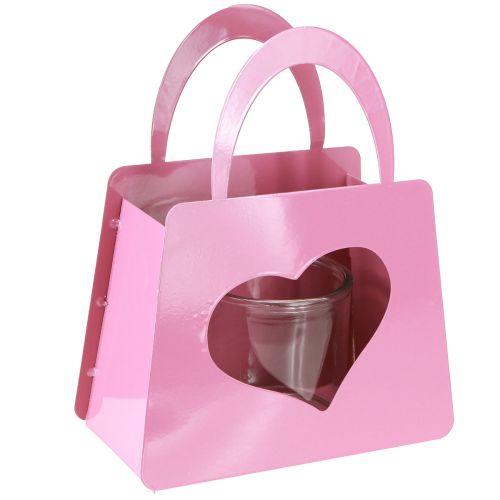 Artikel Windlicht Metall Tasche mit Glaseinsatz Rosa Herz H26cm