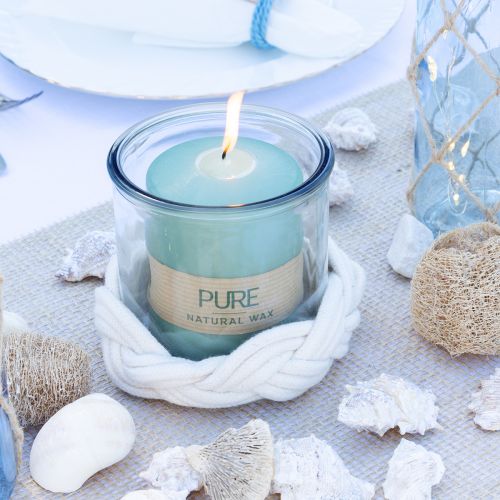 Artikel Windlicht Glas Makramee Weiß geflochten Ø13cm H10cm