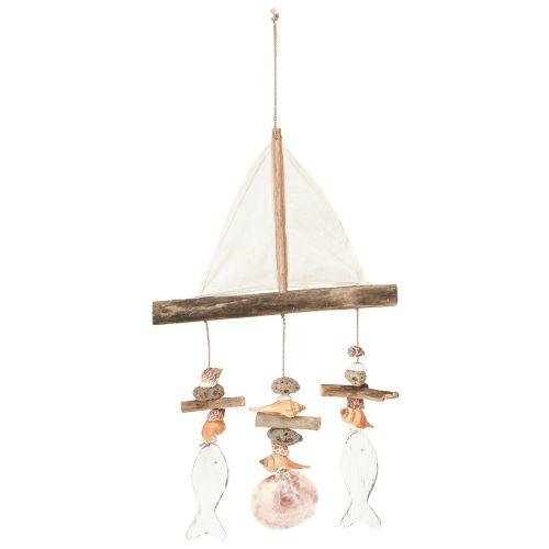 Artikel Windspiel Segelschiff Deko Fisch Holz Weiß Natur H56cm