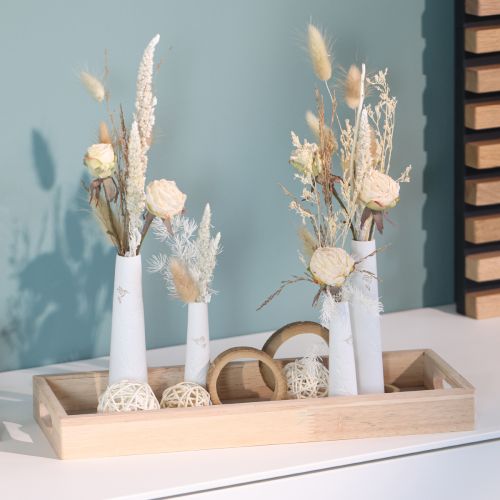 Artikel Deko Tablett Holz Minivasen Keramik Weiß Gold 35x14cm