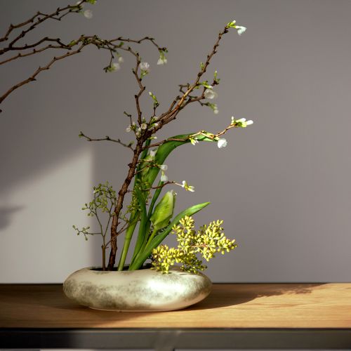 Dekoschale oval Flache Keramikschale Creme Graugrün 19×14×5cm