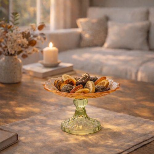 Artikel Dekoteller mit Fuß Glas Blume für stilvolle Tischdekoration und Sommerdeko 15cm