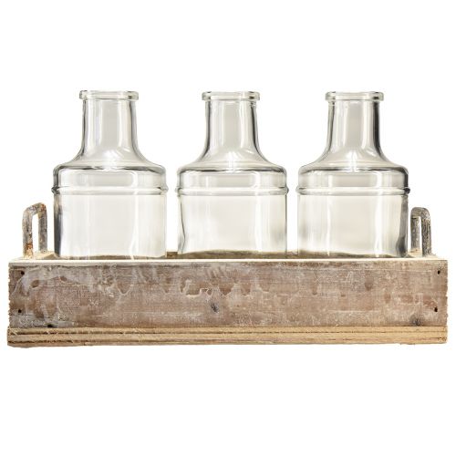 Artikel Flaschen Deko Glas mit Holz Tablett Vintage 24x9,5x14cm