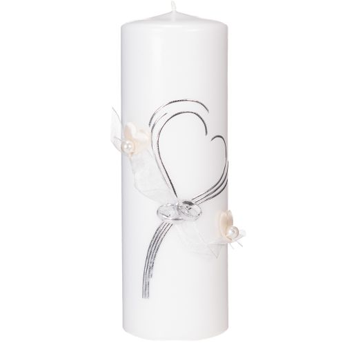 Festliche Hochzeitskerze mit stilvollem Herz-Design, Silberverzierungen und Organza-Band – Ideal für Hochzeit und Silberhochzeit, 230/80mm