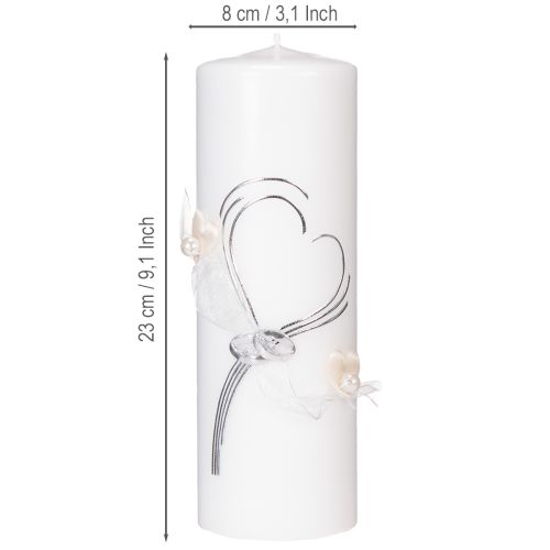 Artikel Festliche Hochzeitskerze mit stilvollem Herz-Design, Silberverzierungen und Organza-Band – Ideal für Hochzeit und Silberhochzeit, 230/80mm
