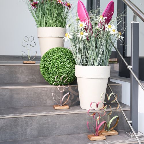 Floristik24 Metall Deko Blume auf Holz Sockel Altrosa Silber H29cm