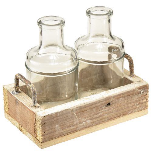 Artikel Mini Vasen Glas Deko Tablett Holz Vintage 16x10x14cm Set