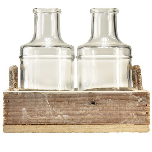 Artikel Mini Vasen Glas Deko Tablett Holz Vintage 16x10x14cm Set
