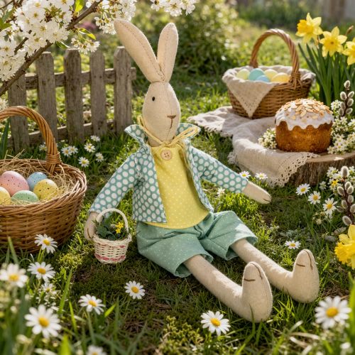 Artikel Osterhase aus Stoff, Hase mit Kleidung, Osterdeko, Hasenjunge H46cm