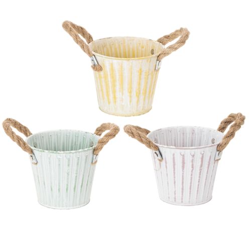 Pflanzeimer, Metalltopf mit Henkeln, Dekogefäß zum Bepflanzen Rosa/Grün/Gelb Shabby Chic Ø12cm H10cm 3er-Set kaufen | Floristik24.de