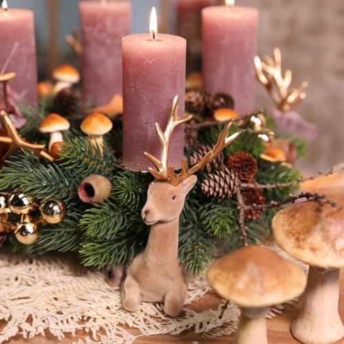 Artikel Reh sitzend Deko Hirsch beflockt Hellbraun 15×6×15,5cm 3St