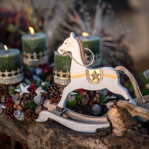 Artikel Schaukelpferd Holz, Weihnachtsdeko Weiß Golden H24cm