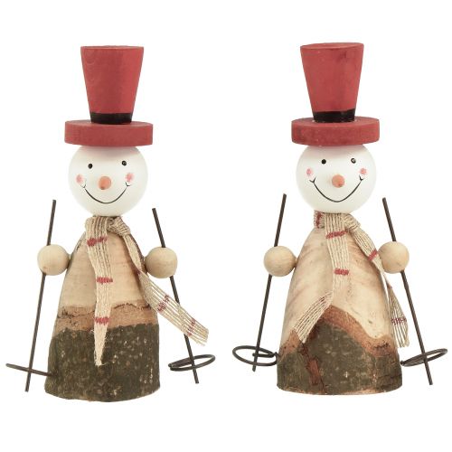 Floristik24 Entzückendes Set aus 2 Holz-Schneemännern mit roten Zylindern – Winterliche Tischdekoration – Natur & Rot, 15.5 cm 2St