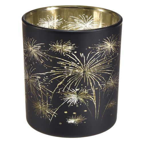 Artikel Elegantes Glas-Windlicht mit Feuerwerksdesign – Schwarz und Gold, 9 cm – Ideale Dekoration für festliche Anlässe – 6St