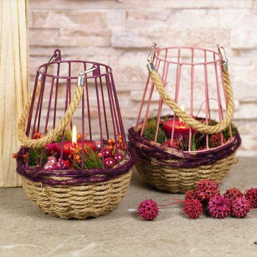 Artikel Windlicht mit Henkel und Glas Lila Natur Ø18cm H22cm