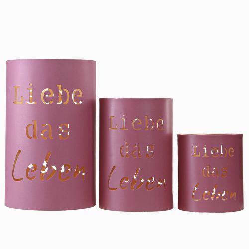 Artikel Windlicht „Liebe das Leben“ Fuchsia Gold Ø13/10,5/9cm Set 3St
