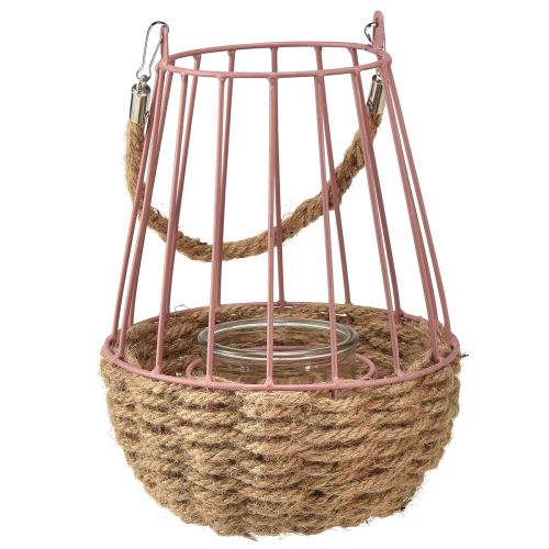 Floristik24 Windlicht mit Henkel und Kerzenglas Rosa Natur Ø18cm H22cm